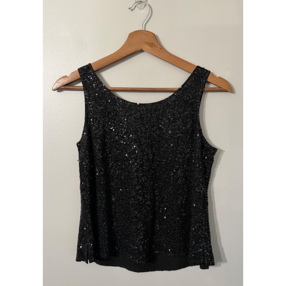 Eileen Fisher Black 100% Silk Sequin Tank Top Size PP (P2-P4) Holiday Party NYE - Picture 2 of 7